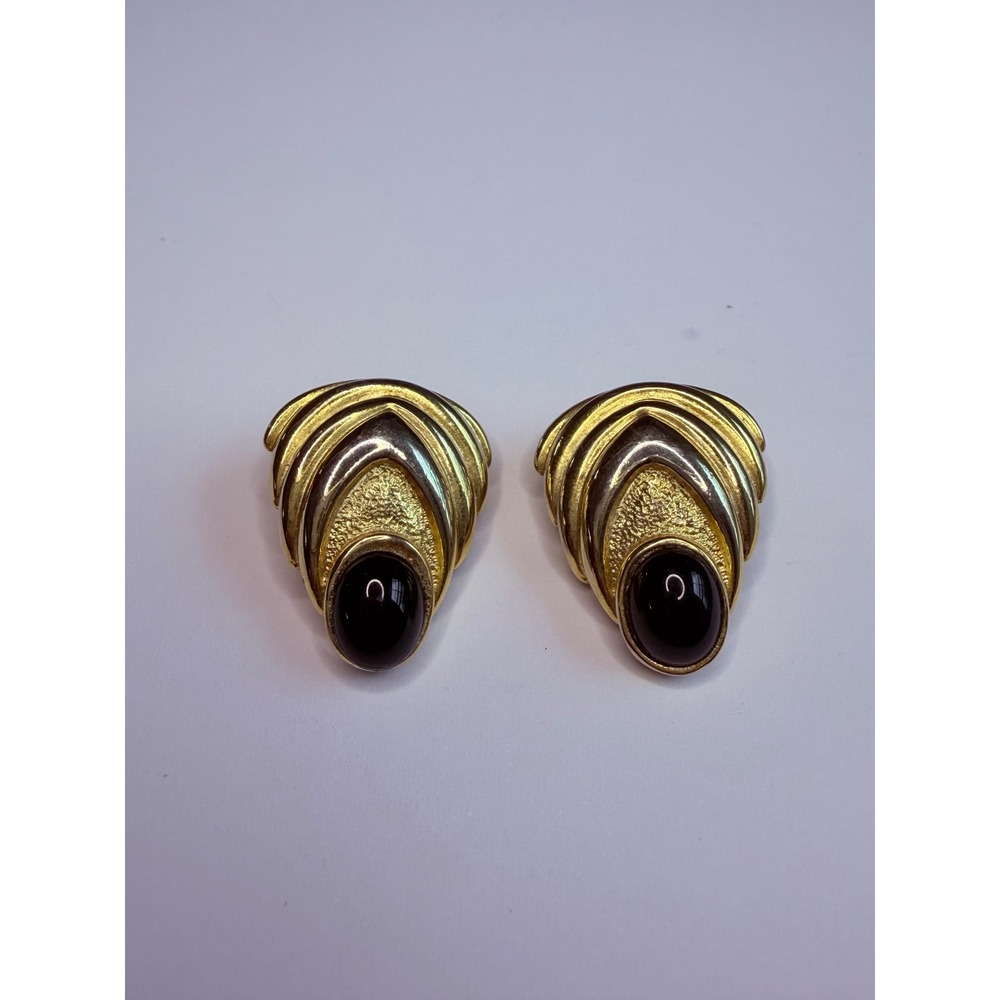 Les Bernard Clip On Earrings Gold Tone Black Cabochon Statement Signed